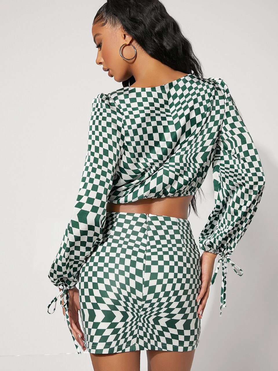 Geo Print Cut Out Tie Hem Satin Blouse