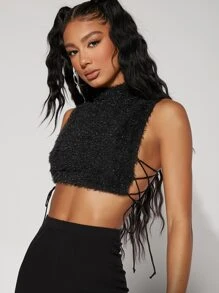 SHEIN BAE Lace Up Side Keyhole Back Crop Fuzzy Tank Top - Black - View 1