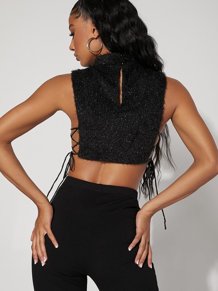 SHEIN BAE Lace Up Side Keyhole Back Crop Fuzzy Tank Top - Black - View 2