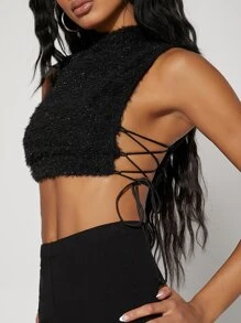 SHEIN BAE Lace Up Side Keyhole Back Crop Fuzzy Tank Top - Black - View 4