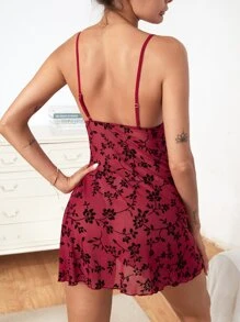 Lace Insert Floral Sheer Slip Pajama Nightdress - Burgundy - View 2