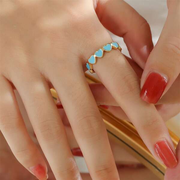 

18K Gold Plated Heart Decor Cuff Ring, Blue