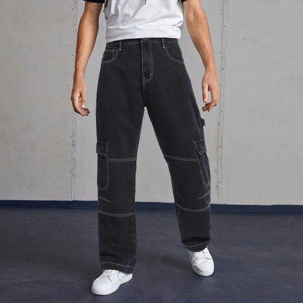 

Men Contrast Stitching Straight Leg Jeans, Black