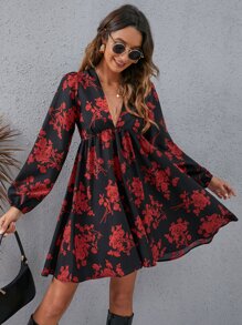 SHEIN VCAY Floral Lantern Sleeve Dress - Multicolor - View 1