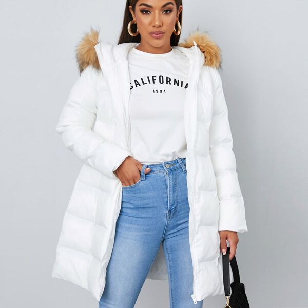 

Pocket Side Zip Up Hooded Puffer Coat, White