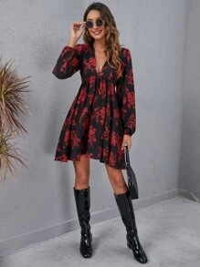 SHEIN VCAY Floral Lantern Sleeve Dress - Multicolor - View 3