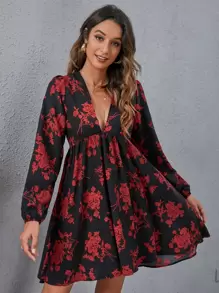 SHEIN VCAY Floral Lantern Sleeve Dress - Multicolor - View 4