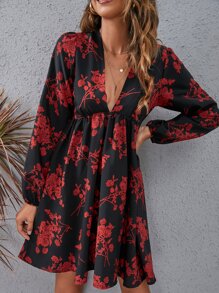 SHEIN VCAY Floral Lantern Sleeve Dress - Multicolor - View 5