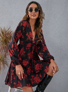 SHEIN VCAY Floral Lantern Sleeve Dress - Multicolor - View 6