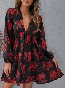 SHEIN VCAY Floral Lantern Sleeve Dress - Multicolor - View 7