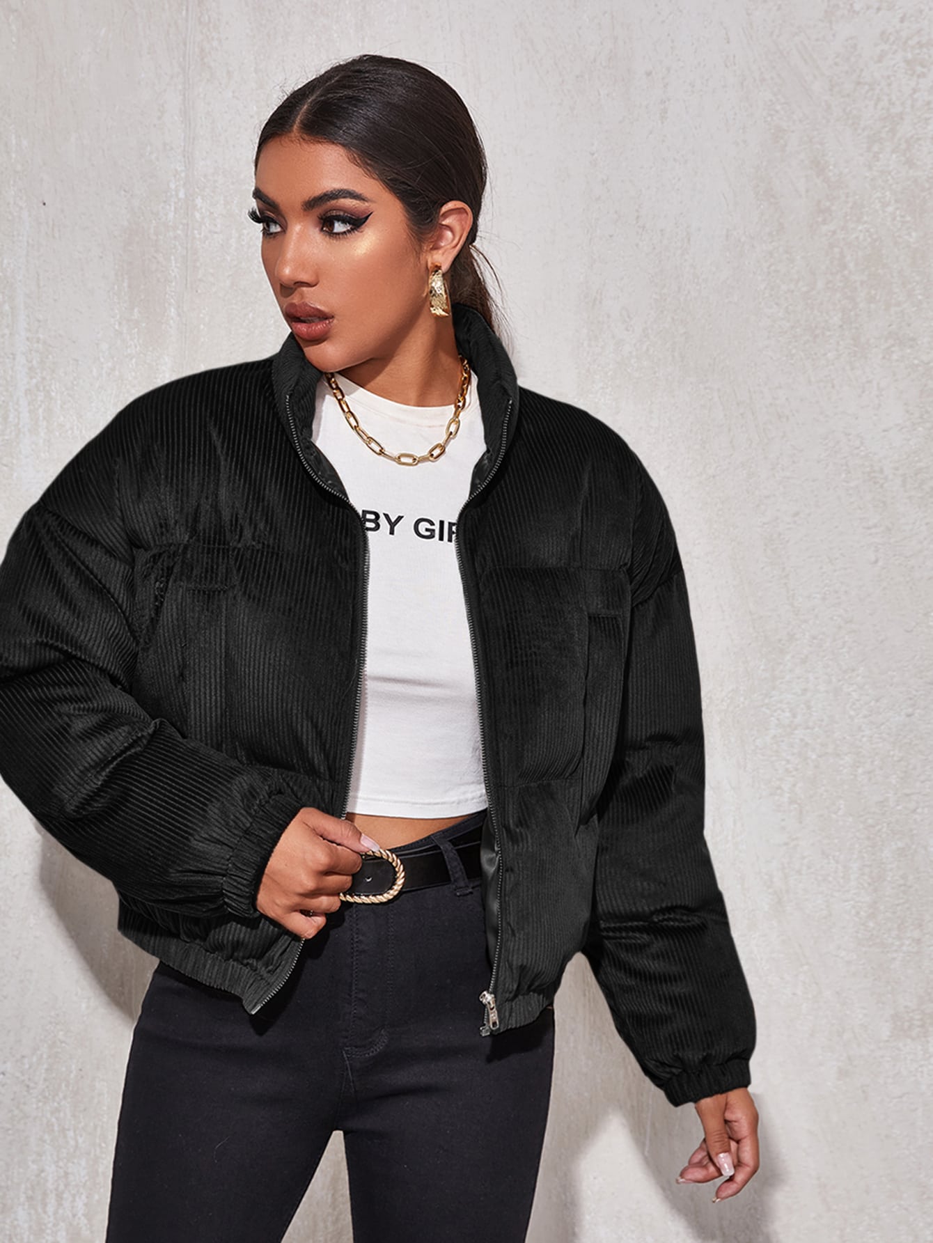 cord puffer jacket black