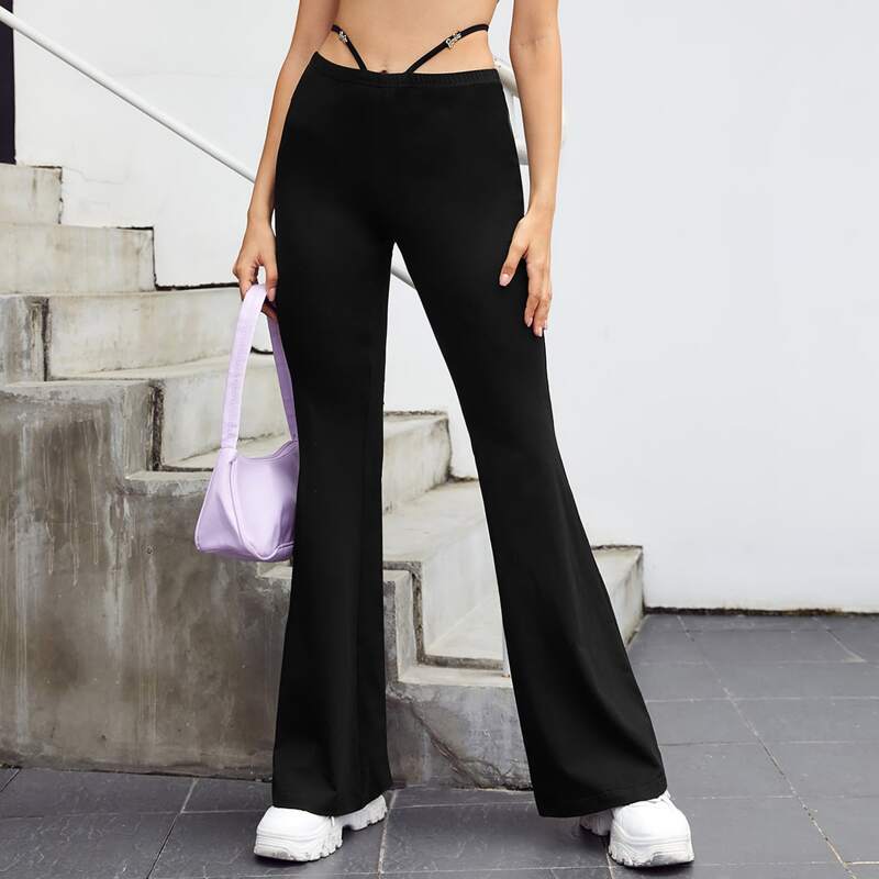 

Cut Out Waist Decor Detail Flare Leg Pants, Black