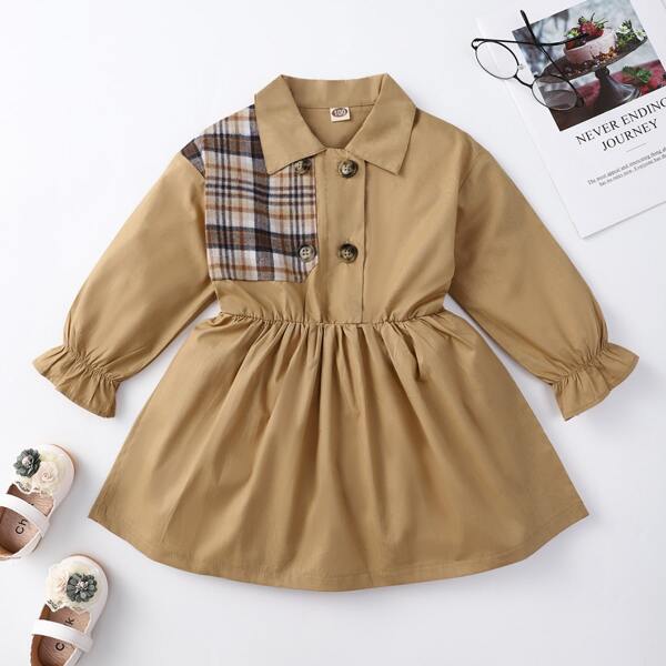 

Toddler Girls Plaid Panel Flounce Sleeve Dress, Khaki