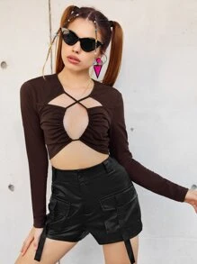 SHEIN ICON 褶邊前鏤空短款T恤 - 巧克力棕 - 查看 1