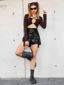 SHEIN ICON 褶邊前鏤空短款T恤 - 巧克力棕 - 查看 4