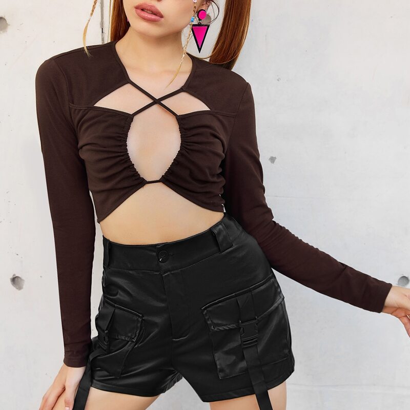 

Ruched Cut Out Front Crop Tee, Chocolate brown