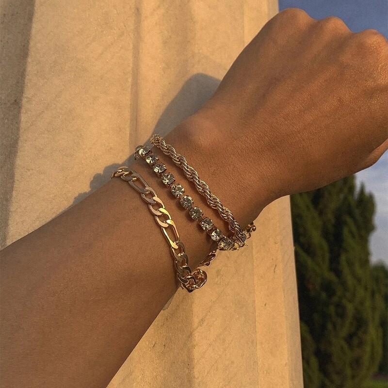 

Guys 3pcs Rhinestone Decor Bracelet, Gold
