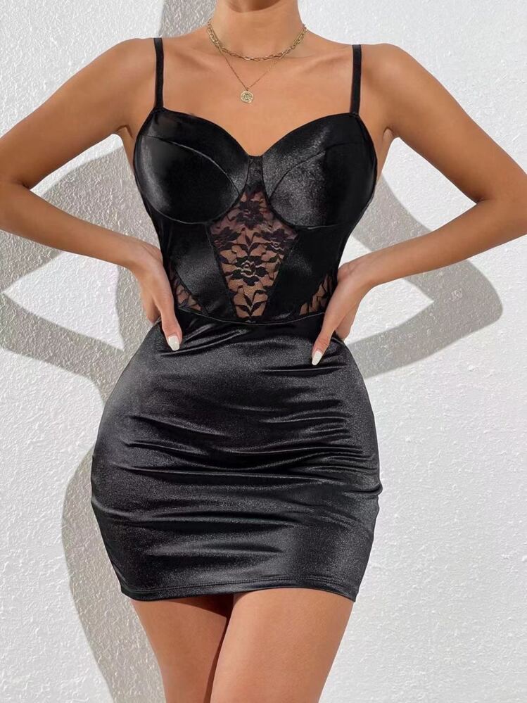 contrast lace bodycon dress Contrast Lace Backless Cami Bodycon Dress