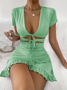 Allurite 鏤空荷葉邊圍裹下擺連衣裙 - 薄荷綠 - 查看 1