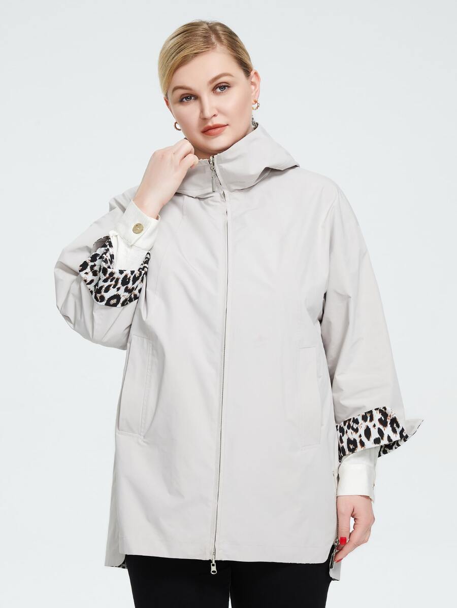 Cộng với kích thước da báo lót vai thả dây kéo có mũ trùm đầu đôi mặt đệm áo khoác - Màu be - Xem 1