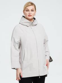 Cộng với kích thước da báo lót vai thả dây kéo có mũ trùm đầu đôi mặt đệm áo khoác - Màu be - Xem 3