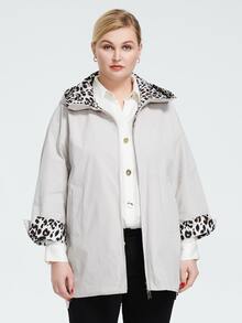 Cộng với kích thước da báo lót vai thả dây kéo có mũ trùm đầu đôi mặt đệm áo khoác - Màu be - Xem 4