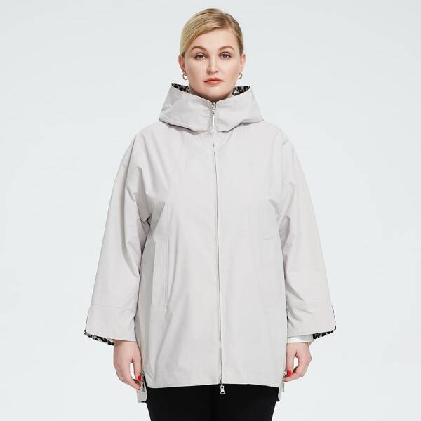 

Plus Leopard Lined Drop Shoulder Zipper Hooded Double Face Winter Coat, Beige
