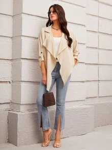 SHEIN Roll Tab Sleeve Open Front Coat - Apricot - View 5