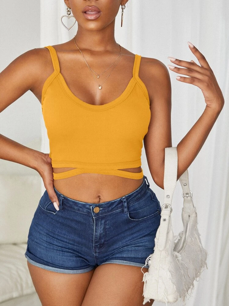 SHEIN SXY เสื้อกล้าม ผ้าถักริบ เจาะช่อง - สีเหลืองมัสตาร์ด - ดู 6