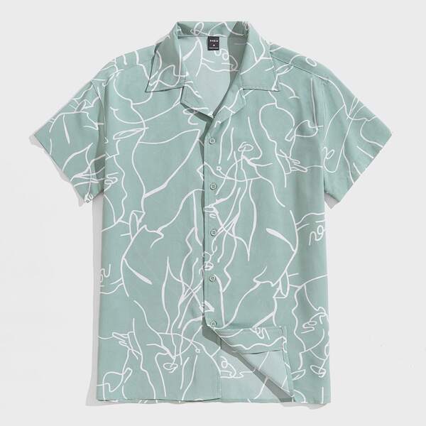 

Men Lapel Collar Graphic Print Shirt, Mint green