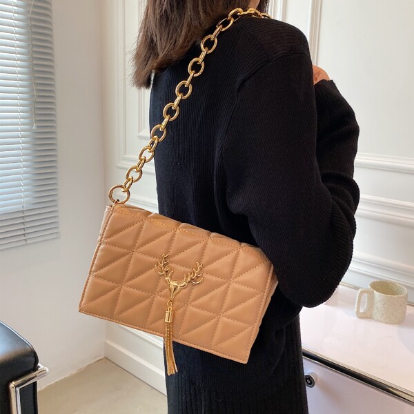 

Tassel Decor Quilted Flap Square Bag, Khaki