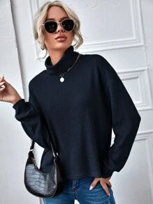 SHEIN LUNE Funnel Neck Solid Rib-knit Top - Navy Blue - View 1
