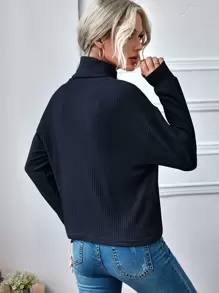 SHEIN LUNE Funnel Neck Solid Rib-knit Top - Navy Blue - View 2