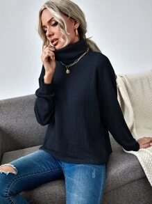 SHEIN LUNE Funnel Neck Solid Rib-knit Top - Navy Blue - View 3