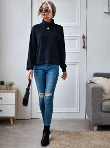 SHEIN LUNE Funnel Neck Solid Rib-knit Top - Navy Blue - View 5