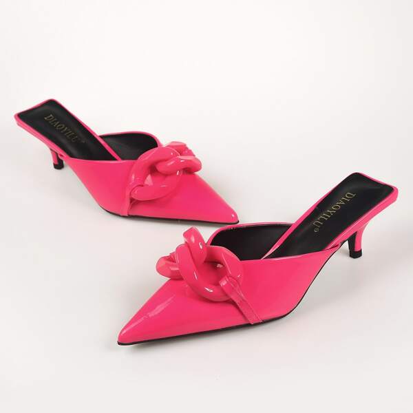 

Chain Decor Kitten Heeled Mules, Hot pink
