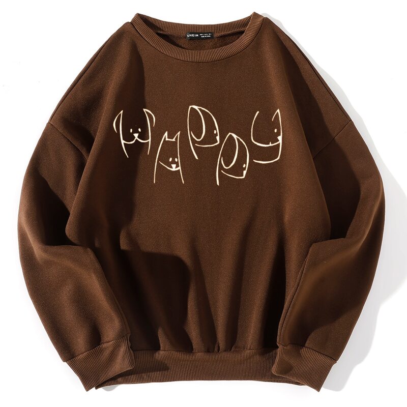 

Cartoon Graphic Drop Shoulder Thermal Pullover, Chocolate brown