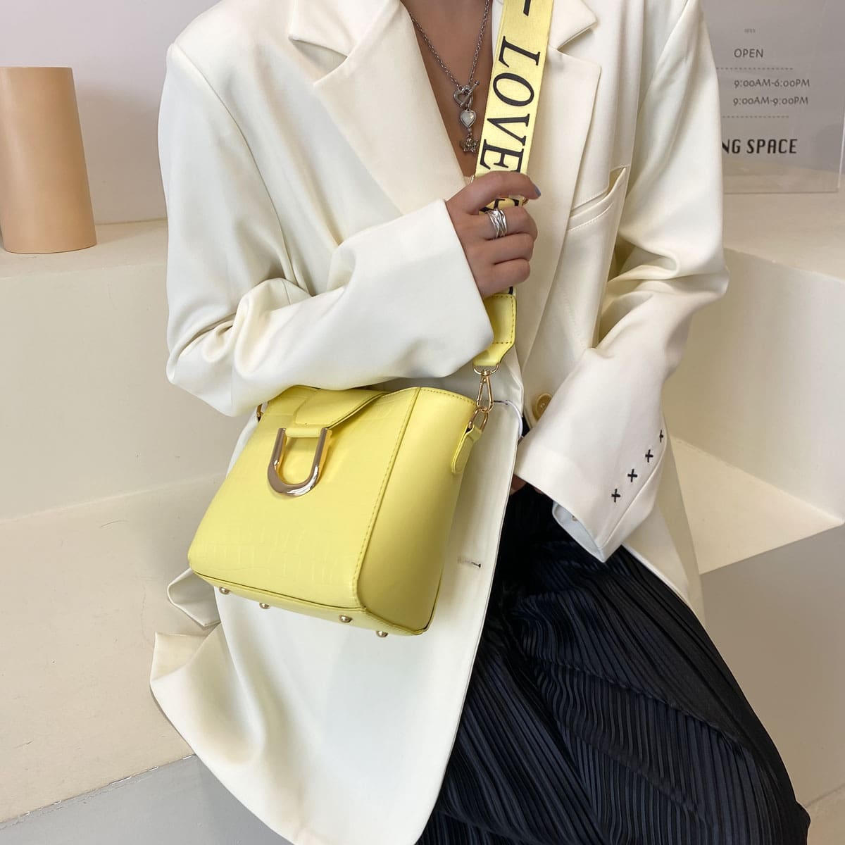 

Metal Decor Croc Embossed Crossbody Bag, Yellow
