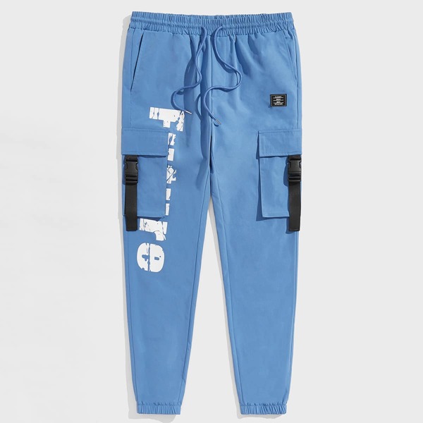 

Men Drawstring Waist Flap Pocket Letter Graphic Cargo Pants, Baby blue