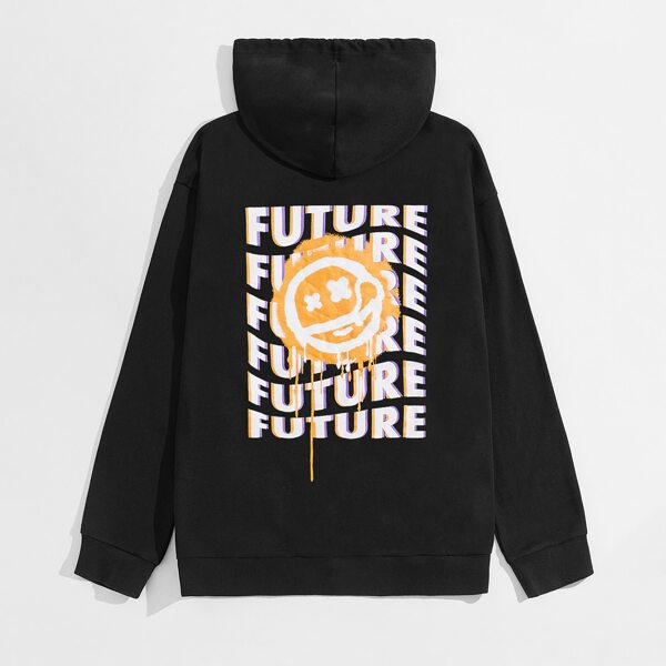 

Men Cartoon & Letter Graphic Kangaroo Pocket Drawstring Hoodie, Black