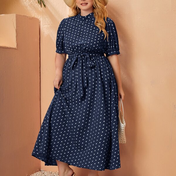 

Plus Puff Sleeve Belted Polka Dot Dress, Navy blue