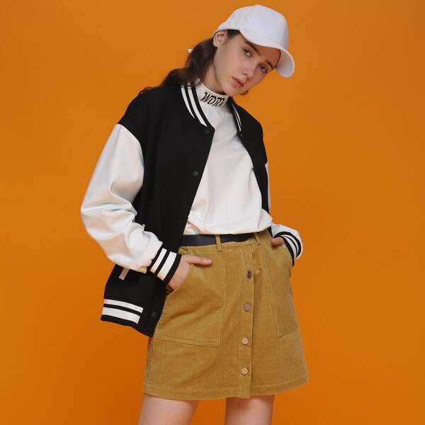 

Letter Embroidery Color Block Drop Shoulder Bomber Jacket, Black
