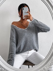 Chiquease Drop Shoulder Scallop Trim Jumper - Grey - View 1