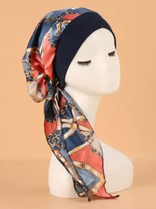 Chain Print Long Tail Head Wrap Silk Bonnet Satin Bonnet - Multicolor - View 1