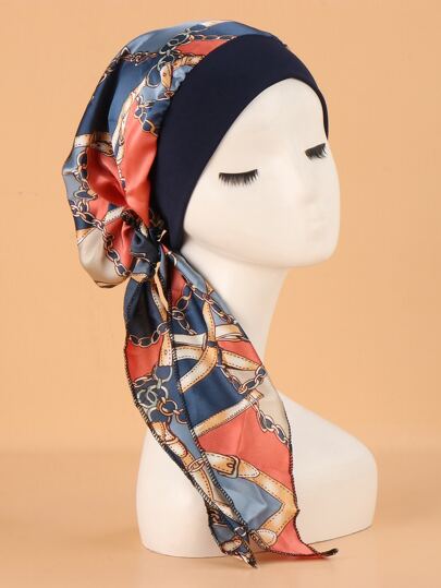 Chain Print Long Tail Head Wrap Silk Bonnet Satin Bonnet