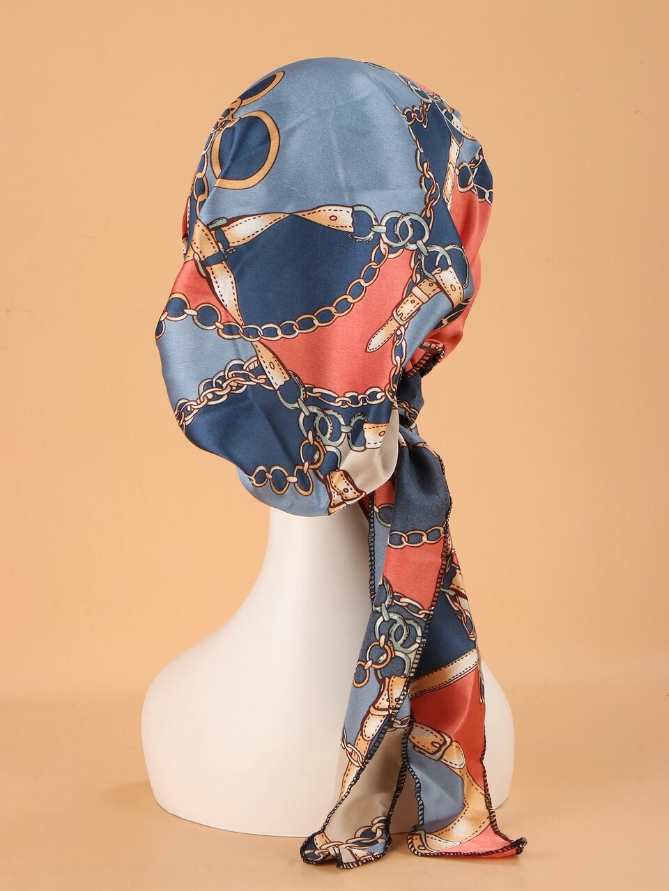 Chain Print Long Tail Head Wrap Silk Bonnet Satin Bonnet,Summer,Beach,Hat,Holiday,Travel
