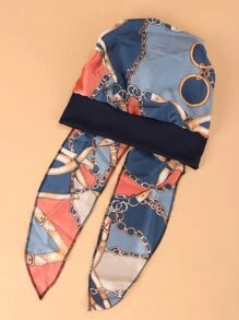 Chain Print Long Tail Head Wrap Silk Bonnet Satin Bonnet - Multicolor - View 3