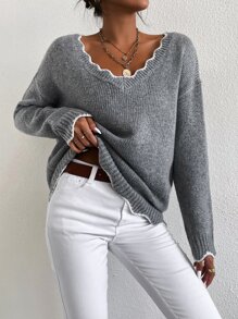 Chiquease Drop Shoulder Scallop Trim Jumper - Grey - View 3
