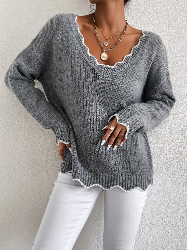 Chiquease 落肩袖貝殼邊套頭毛衣 - 灰色 - 查看 5
