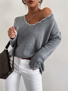 Chiquease Drop Shoulder Scallop Trim Jumper - Grey - View 6